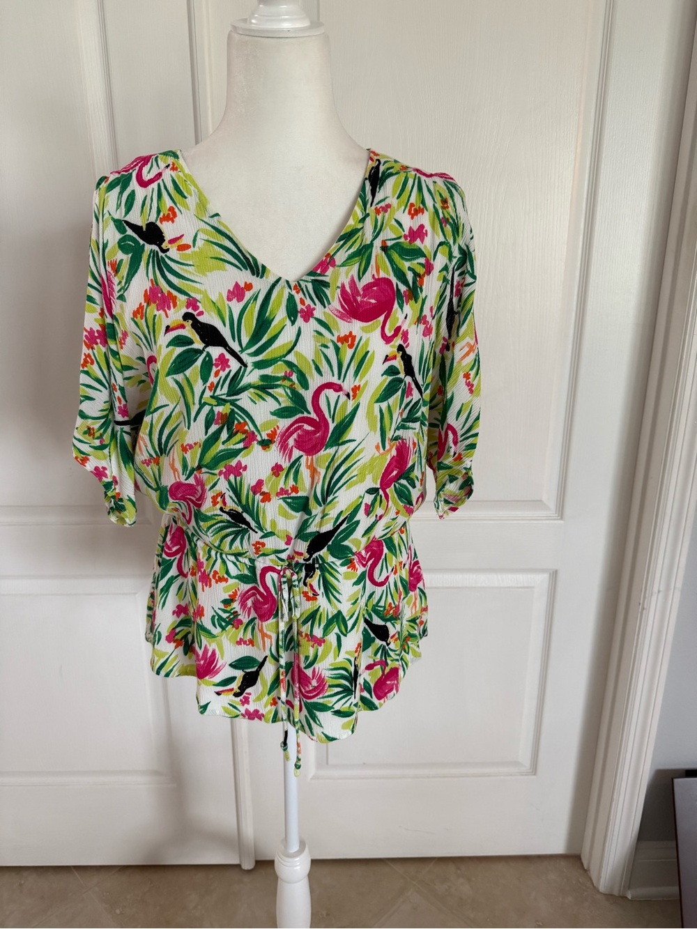 Tropical Flamingo Tie-Waist V-Neck Blouse - White/Pink/Green